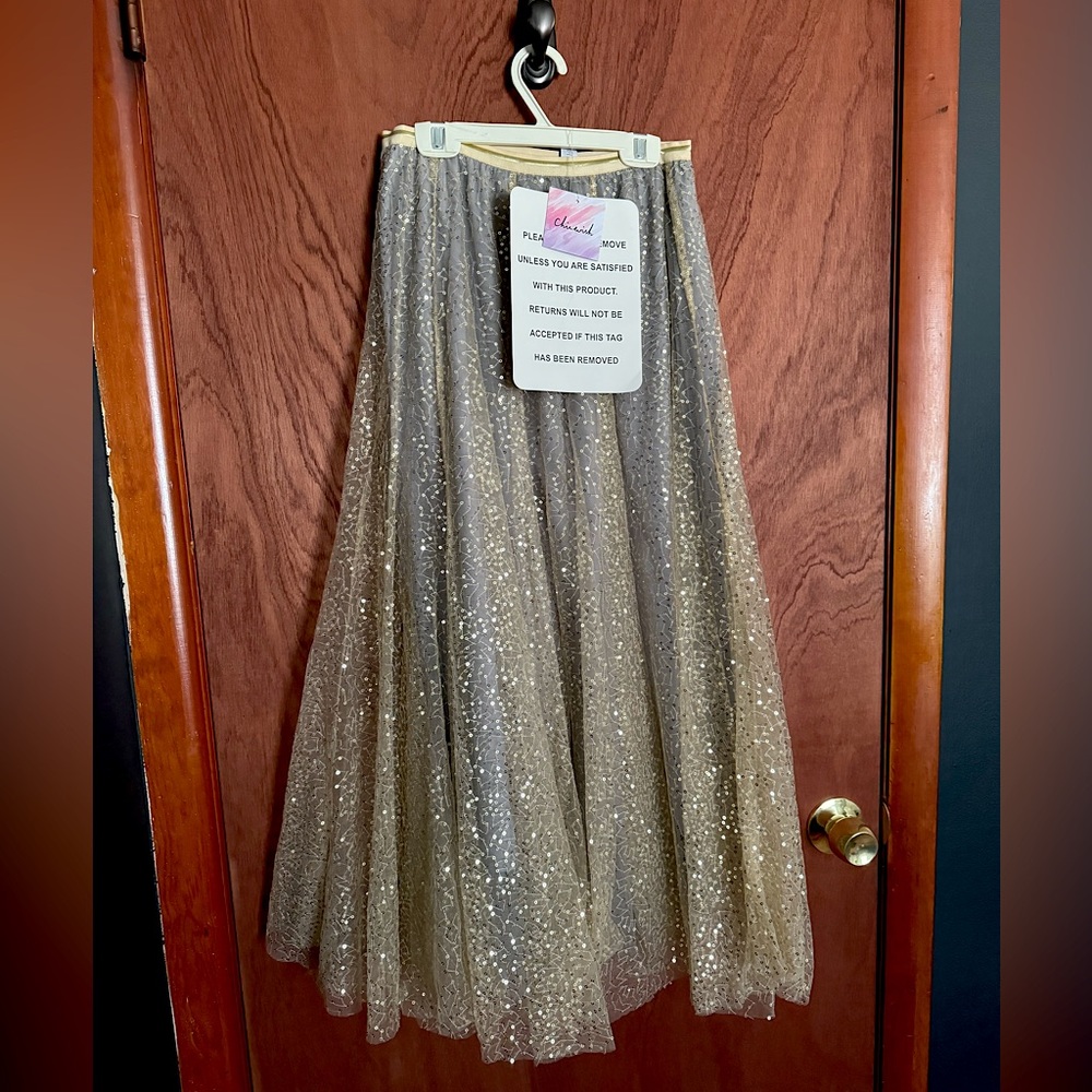 Shimmer Sequins Embroidered Mesh Tulle Pleated Skirt